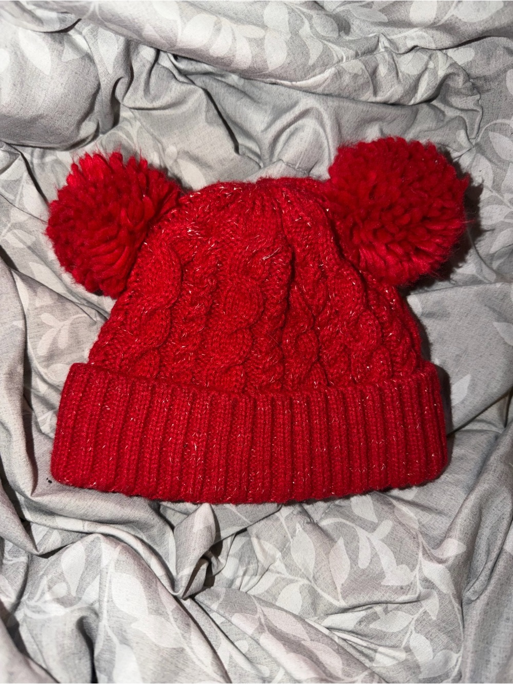Kids Red Double Pom Pom Cable Knit Beanie